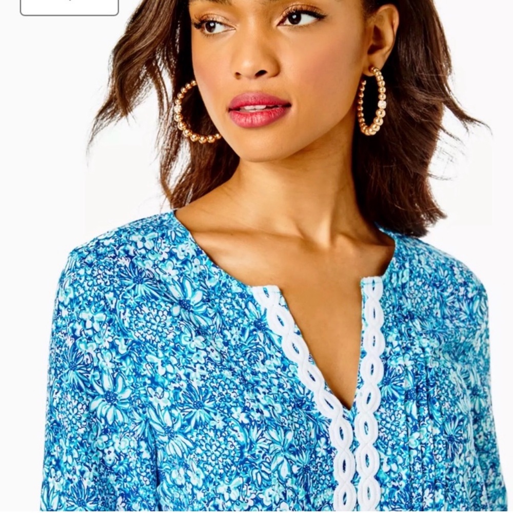 EUC, LILY PULITZER BLUE FLORAL HOLLIE TUNIC TOP SIZE XL - Picture 4 of 11
